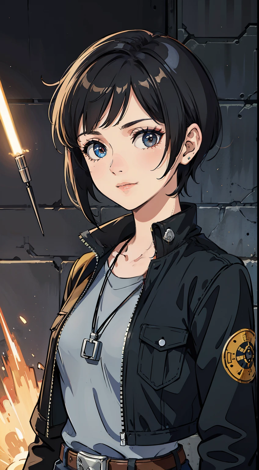 (high-quality, breathtaking),(expressive eyes, perfect face) Symmetrical Eyes, portrait, Star Wars Universe, 1girl, female, adult, mechanic, punk jacket, shirt, short sleeved, gloves, pants, belt, wrench, crystals, messy hair, black hair color, brown eye color, short hair length, stylized hairstyle, pixie haircut, tall, technician outfit, engineer, sci fi workshop background, work bench, tools, mature, narrow eyes, dog tag necklaces, soft smile, soft eyelashes, age 28
