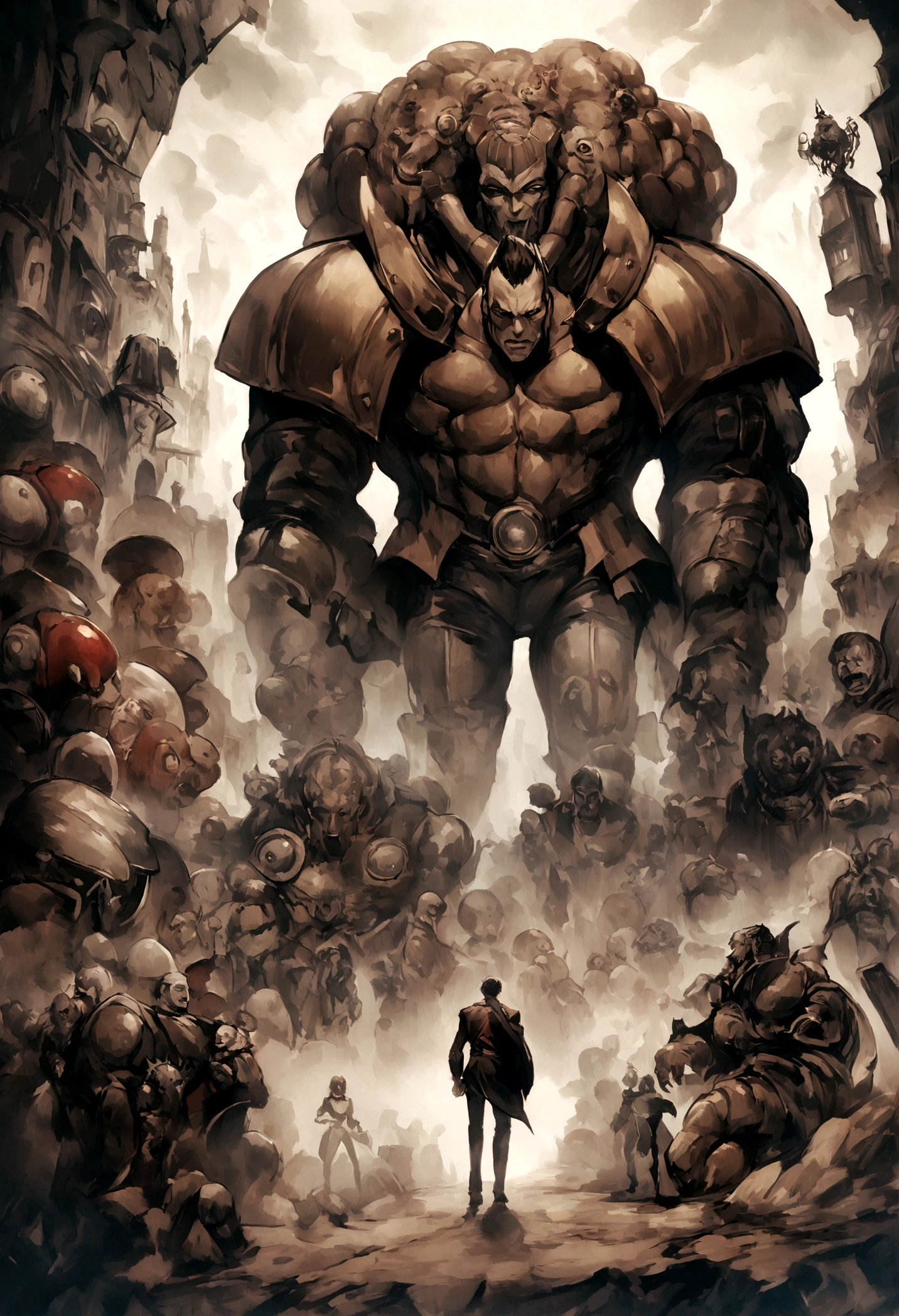 Homem com altura de 2.25 metros, monstro de Frankenstein, forte,((obscuro)),((cinematografico)),((Bizarro)), musculoso, with brown pants on the back,((enevoado)).