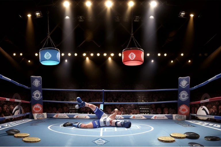 boxe ring with lights and ropes, boxe ring avec sol blanc et coins bleus, fond du Madison Square Garden, Ring de boxe avec le sol blanc et les coins bleus, scene background, toile de fond Madison Square Garden, écran centrale au dessus du ring comme au madison square garden in a boxe ring, boxe, boxe match, scene, projecteur, barre d'background, spot et projecteur au plafond fond dramatique, atmospheric perspective, glowing light, 8k, super detail, best quality, masterpiece