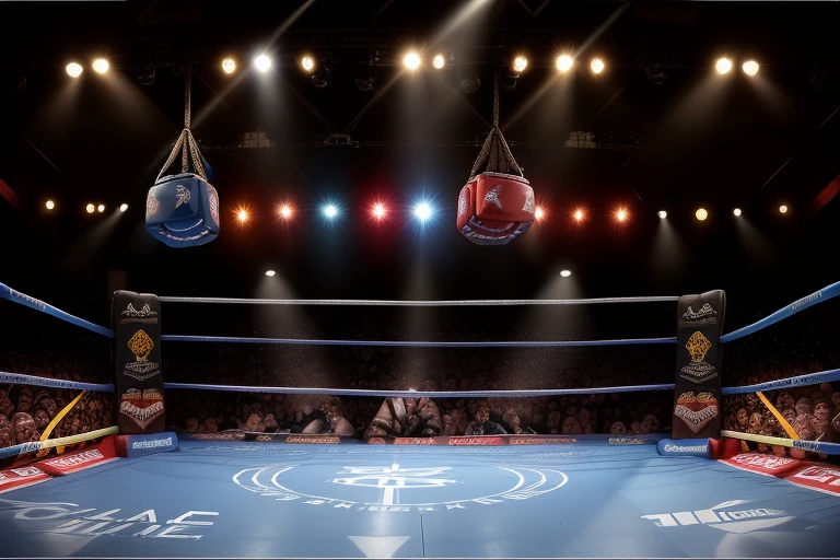boxe ring with lights and ropes, boxe ring avec sol blanc et coins bleus, fond du Madison Square Garden, Ring de boxe avec le sol blanc et les coins bleus, scene background, toile de fond Madison Square Garden, écran centrale au dessus du ring comme au madison square garden in a boxe ring, boxe, boxe match, scene, projecteur, barre d'background, spot et projecteur au plafond fond dramatique, atmospheric perspective, glowing light, 8k, super detail, best quality, masterpiece