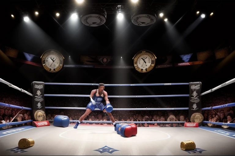boxe ring with lights and ropes, boxe ring avec sol blanc et coins bleus, fond du Madison Square Garden, Ring de boxe avec le sol blanc et les coins bleus, scene background, toile de fond Madison Square Garden, écran centrale au dessus du ring comme au madison square garden in a boxe ring, boxe, boxe match, scene, projecteur, barre d&#39;background, spot et projecteur au plafond fond dramatique, atmospheric perspective, glowing light, 8k, super detail, best quality, masterpiece
