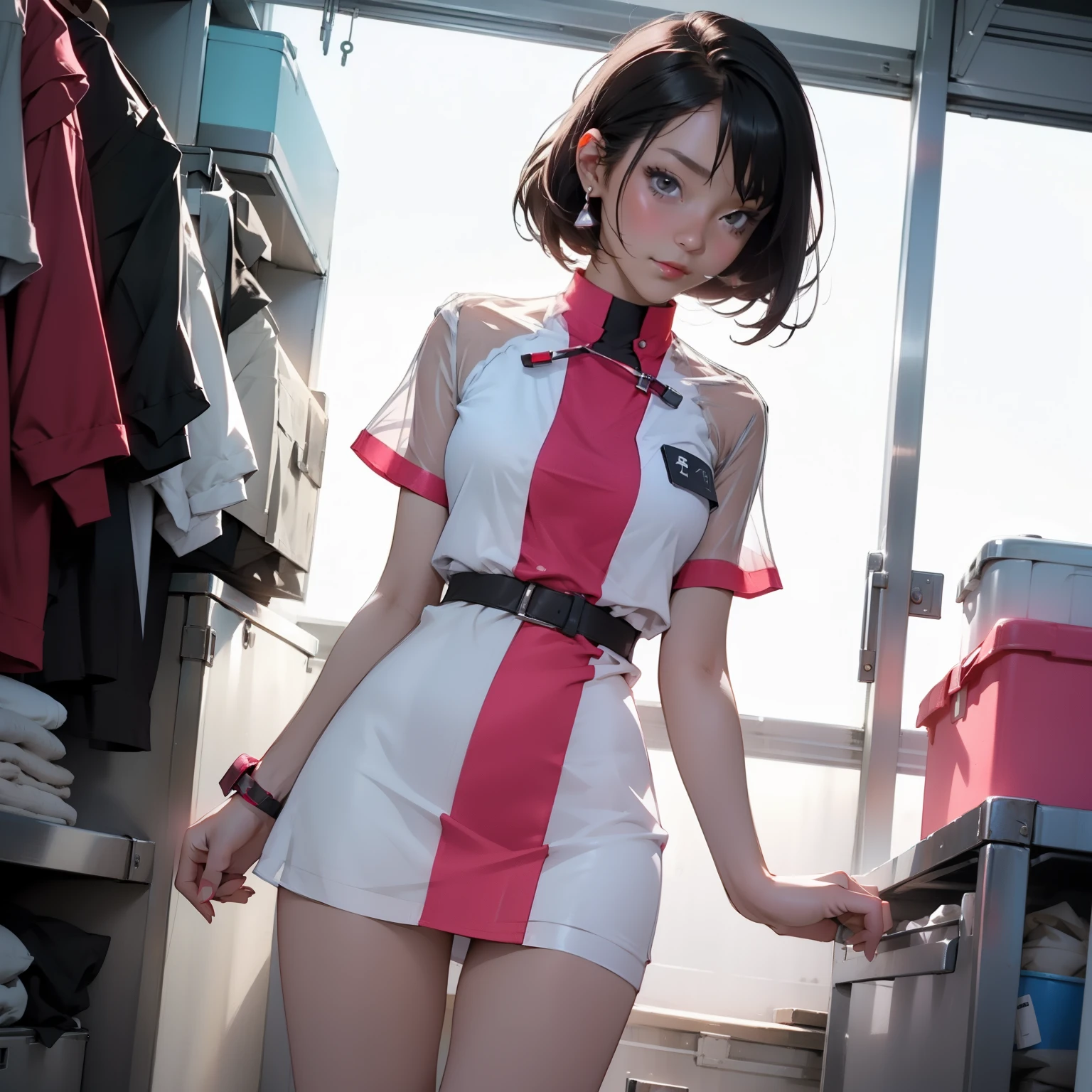 Beautiful female nurse,1 woman,short mini dress,see-through transparent clothes,