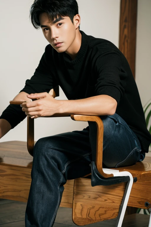 Un chico con chaqueta negra ,pantalon negro,pelo negro, guapo,ojos negro,playera blanca, zapatos negros ,serio,pelo revuelto,perfect lighting,entrando a una cafeteria,edad 18