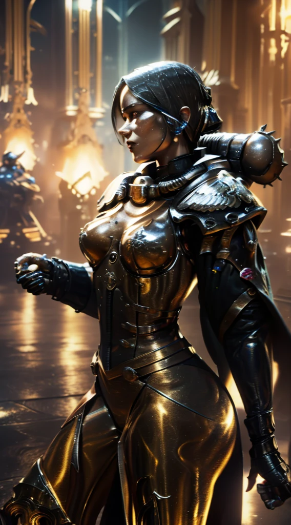 ((ADEPTA SORORITAS)) ((whrepentia)) seraphina has a sexy and elegant jenna_ortega figure made of liquid metal, her body and head are a constant reflection of liquid metal, with silver nuances that adapt harmoniously to the environment. her eyes, intensely luminous, reveal the duality between her humanity and mechanical composition. a perfect balance between grace and futuristic in mortal kombat 11 style ((whsororitas_v3))