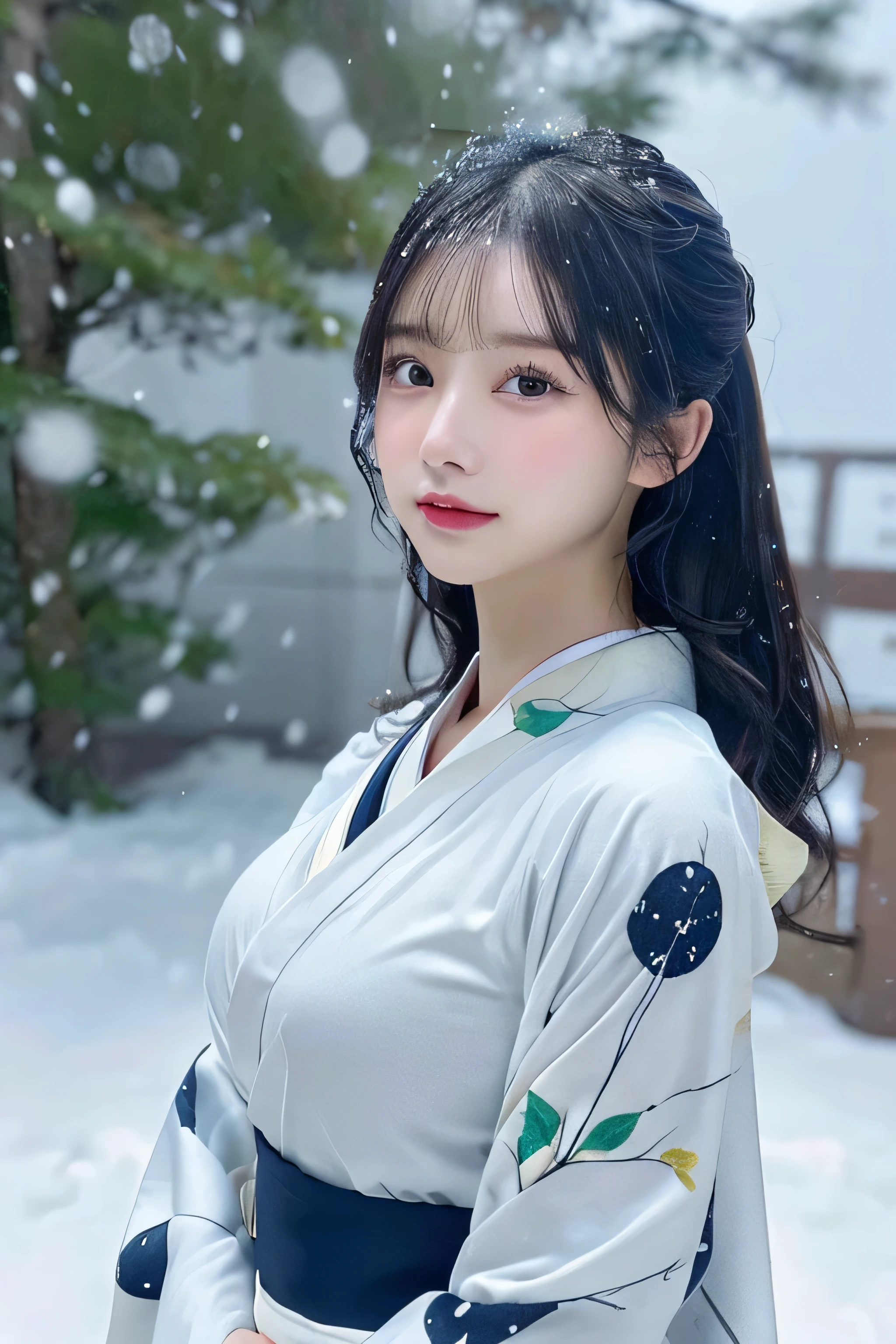 (Kawaii Kimono:1.3)、、(top-quality,masterpiece:1.3,超A high resolution,),(ultra-detailliert,Caustics),(Photorealsitic:1.4,RAW shooting,)Ultra-realistic capture,A highly detailed,high-definition16Kfor human skin、 Skin texture is natural、、The skin looks healthy with an even tone、 Use natural light and color,One Woman,japanes,,kawaii,A dark-haired,Middle hair,(depth of fields、chromatic abberation、、Wide range of lighting、Natural Shading、)、、(Falling snow:1.3)、(Hair swaying in the wind:1.3)、(Snow reflects light:1.3) 、(Large Breasts:1.3)、