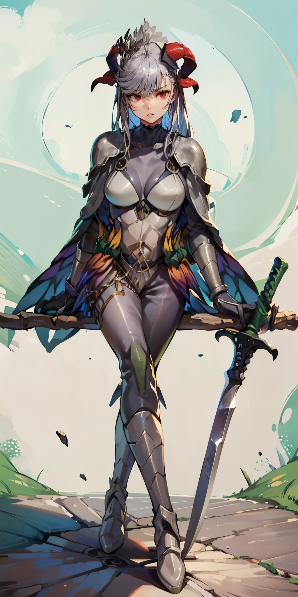 (silver hair, gradient hair:1.3), long hair, horn, freyja, hair ornament, curvy, anatomical correct, bodysuit, armor, kaiju8, 1girl, solo, looking at viewer, full body, crossed legs, katana, sheath, peaked cap, sheathed, military hat, hollow eyes, red eyes, lips, cheek, expressionless, glaring eyes, upper teeth, 