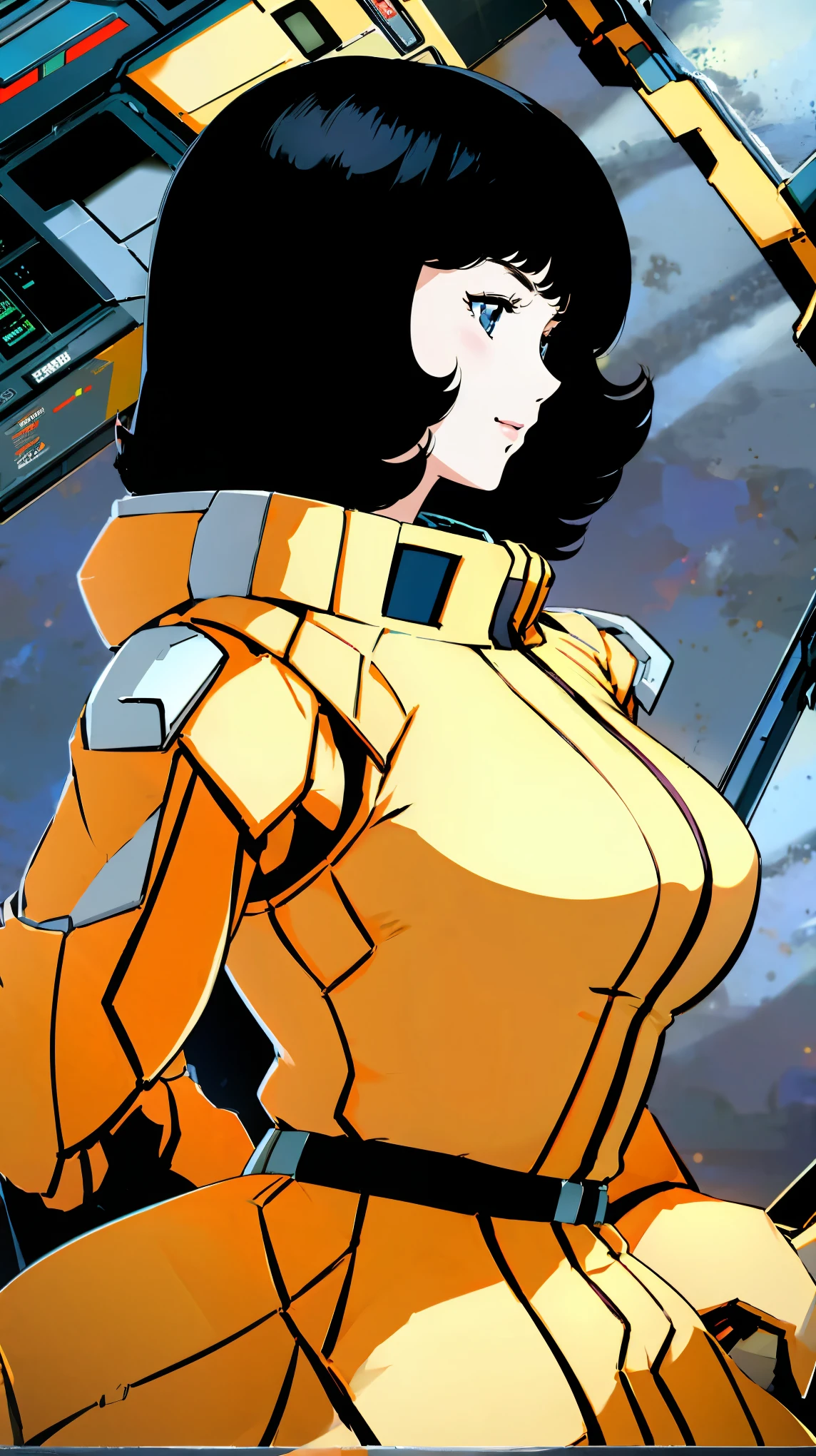 Mobile suit cockpit、Upper Body、profile、Black Hair、Pilot Suit、smile、Girl、Large Breasts、