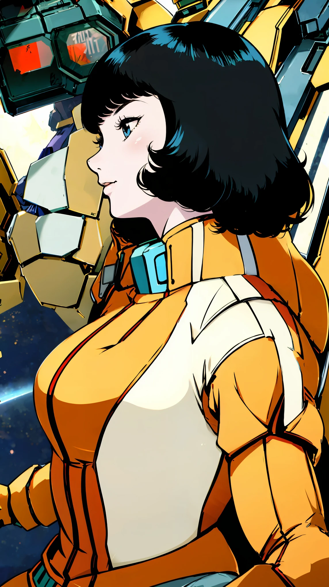 Mobile suit cockpit、Upper Body、profile、Black Hair、Pilot Suit、smile、Girl、Large Breasts、