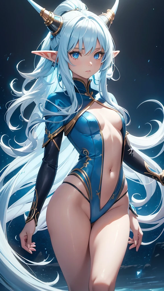 (((small and young girl))), Dragoness with long white hair that is loose and straight, one of the strands of her hair hits her face,blue eyes like emeralds,pointed elf ears, ((with a blue horn)),(long tail with diamonds in it),(((Light blue skin))), (((Female Humanoid))),Defined body, with and big butt. She is wearing a sexy blue outfit, which resembles a dress, but shows every part of her body and her navel, ((high quality)),((high resolution)), ((detailed)), ((vibrant colors)), ((correct proportions)), ((perfect anatomy)), ((detailed eyes)), ((realistic eyes)),(( detailed background)), ((realistic environment)), ((no deformations))