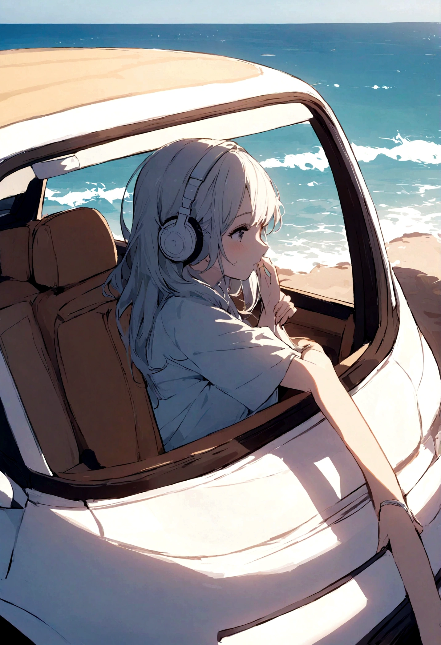 There is the sea in the background、An adult girl sitting on top of a cute car is listening to music while looking at the sea