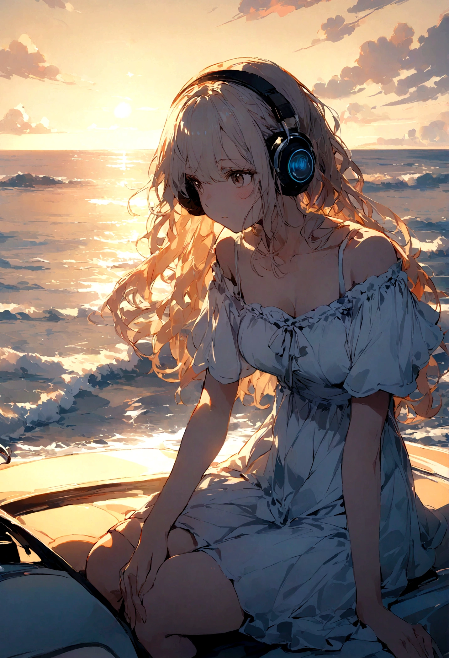 There is the sea in the background、An adult girl sitting on top of a cute car is listening to music while looking at the sea