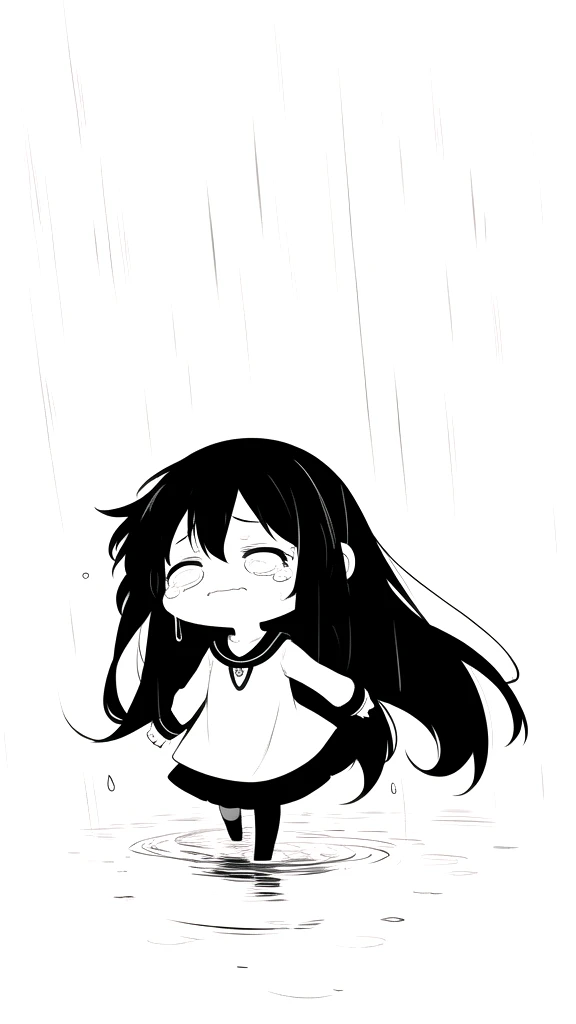 best quality, chibi, 1 girl,Long black hair,(full body), Pure white background,Vivid,clearly,sad face,rain,snow,Are crying,shout,Looking for someone