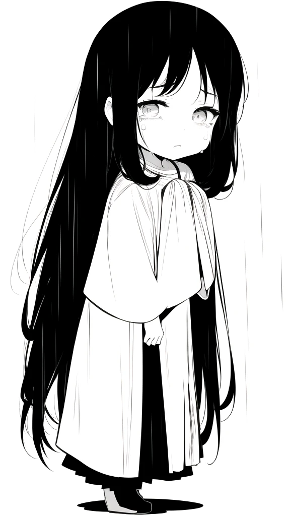 best quality, chibi, 1 girl,Long black hair,(full body), Pure white background,Vivid,clearly,sad face,rain,snow,Are crying,shout,Looking for someone