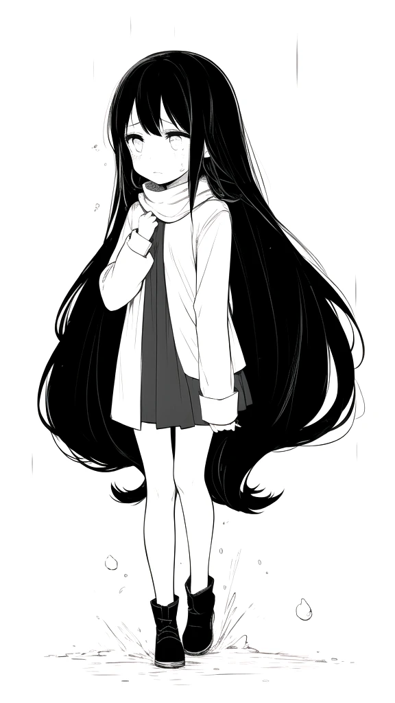 best quality, chibi, 1 girl,Long black hair,(full body), Pure white background,Vivid,clearly,sad face,rain,snow,Are crying,shout,Looking for someone