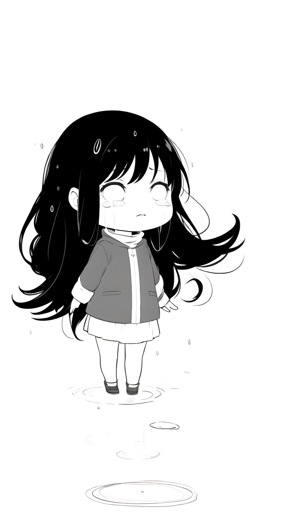 best quality, chibi, 1 girl,Long black hair,(full body), Pure white background,Vivid,clearly,sad face,rain,snow,Are crying,shout,Looking for someone