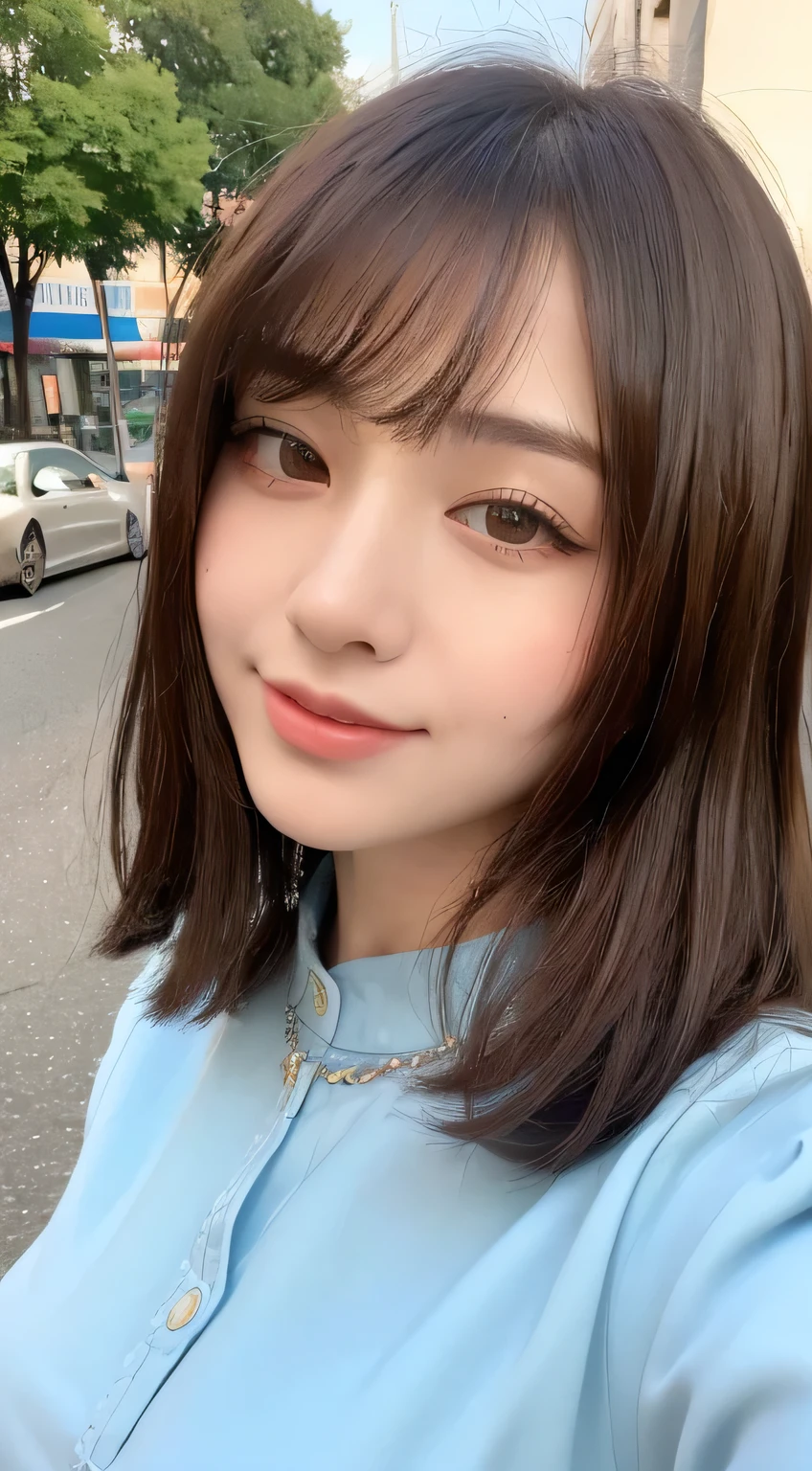 ((highest quality、8k、masterpiece:1.3))、One Girl、Laughter、Brown shorthair with bangs、Esbian all over、Slim face、Beautiful woman、Full-length dress:1.1、Ultra detailed face、Detailed eyes、double eyelid、Blurred Background、Slim face、city、Take-out、Street、