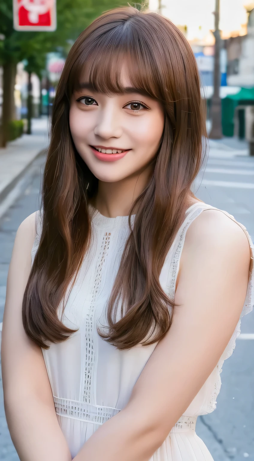 ((highest quality、8k、masterpiece:1.3))、One Girl、Laughter、Brown shorthair with bangs、Esbian all over、Slim face、Beautiful woman、Full-length dress:1.1、Ultra detailed face、Detailed eyes、double eyelid、Blurred Background、Slim face、city、Take-out、Street、