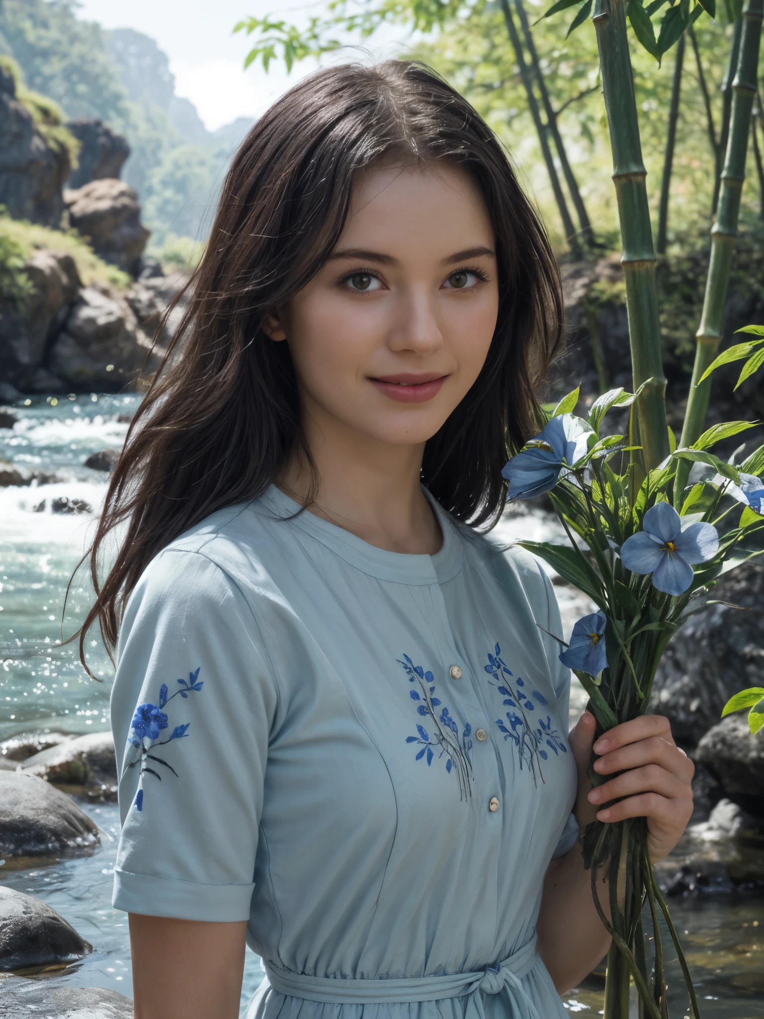 1girl, very wide shot, breathtaking creek with tree surrounding it, detailed face, summer floral embroidered a-line date elegant midi dress, (evoke a romantic vibes:1.2), smile, long black hair, dappled sunlight, bamboo trees, rocky riverside, mossy,  water reflection, sharp focus, (realistic:1.3), masterpiece, ray tracing, ultra realistic, ultra hd, stylish, blue flowers here and there, blue flower petals on water, cinematic photography lighting, bush, 