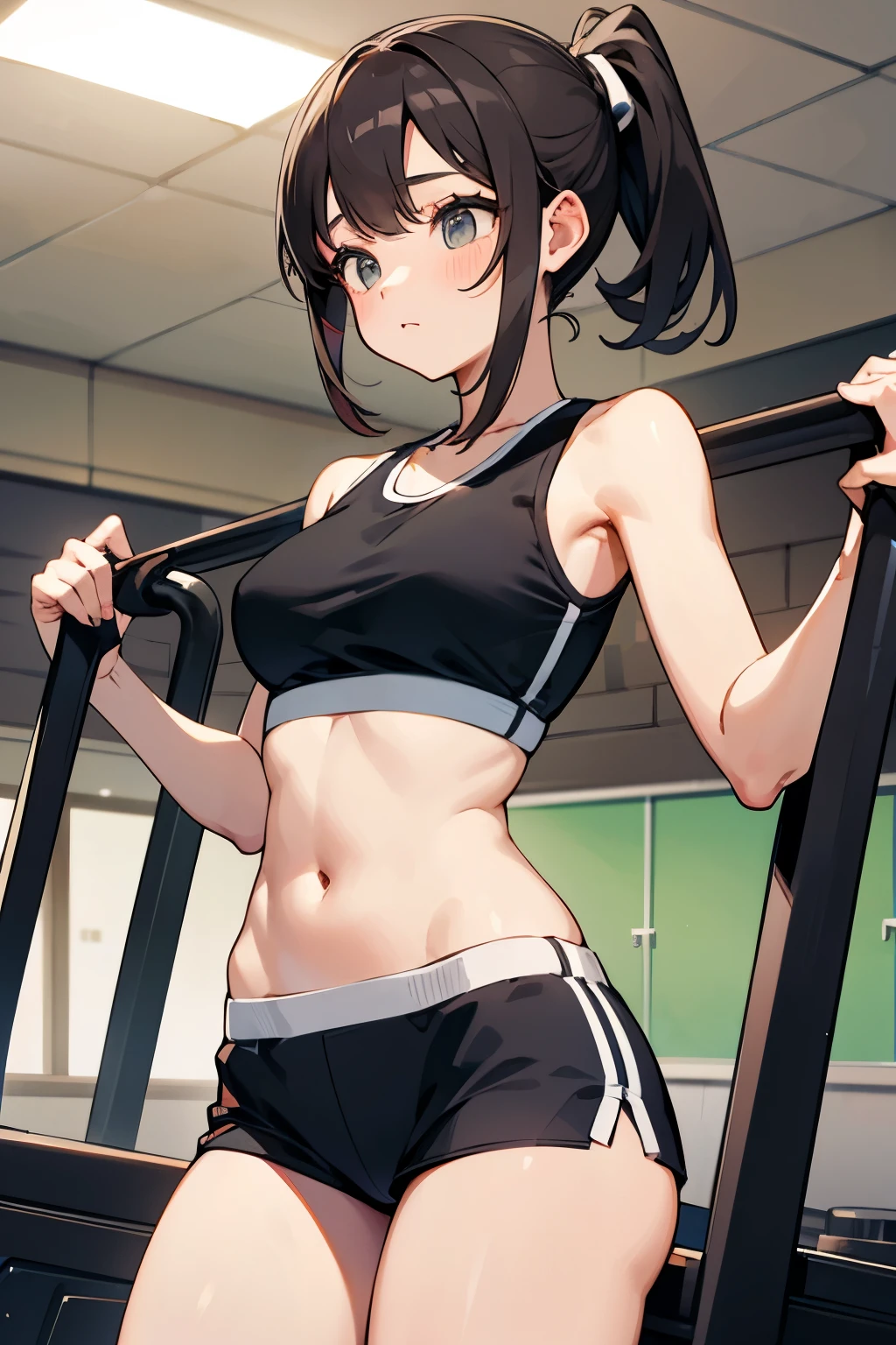 young woman, cute, gray sports bra, micro mini skirt, in the gym, bokeh, masterpiece, best quality, super detail