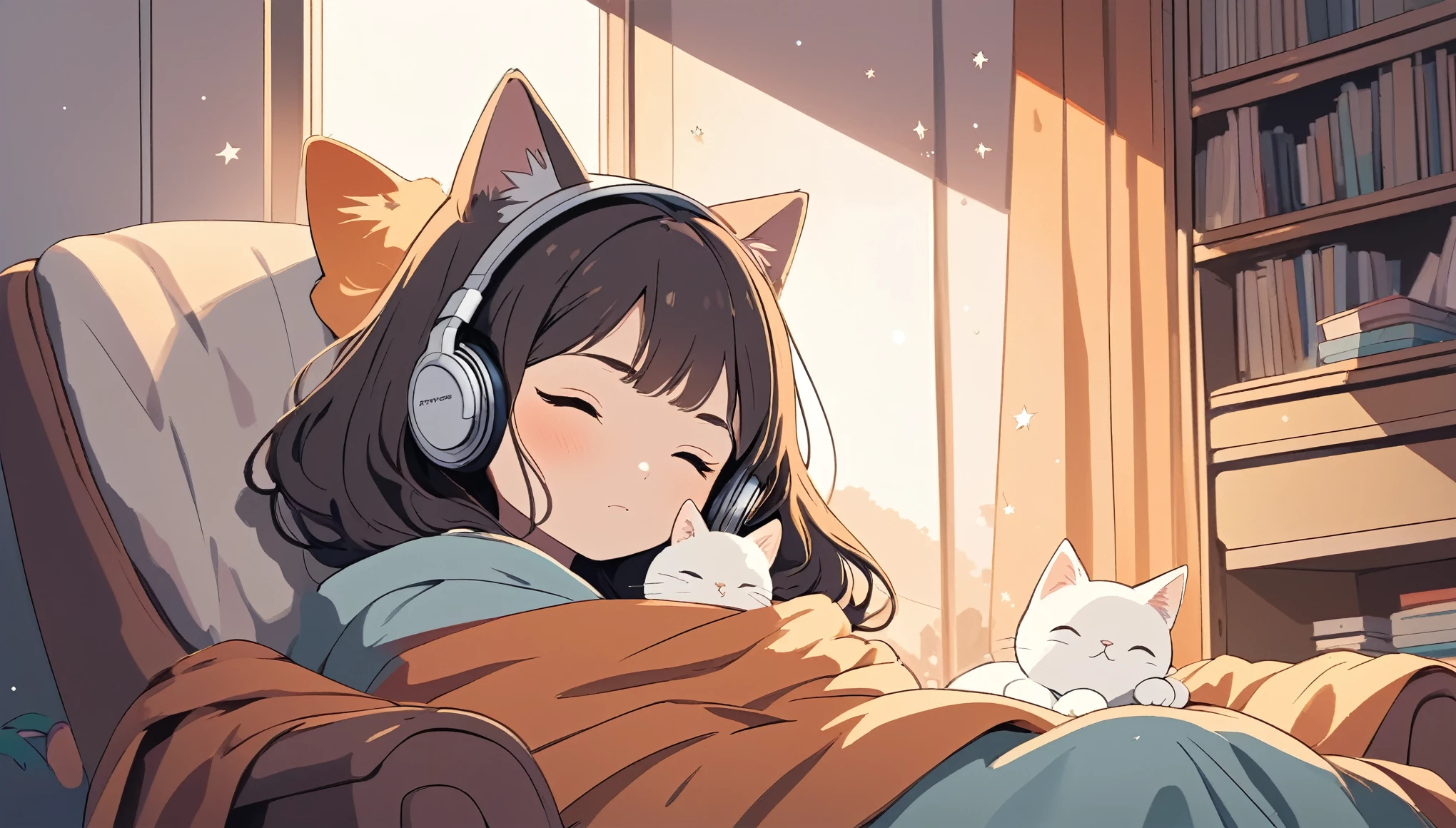 A girl wearing headphones is sitting comfortably in a chair wrapped in a blanket, A cat sleeping next to her, Cozy rooms, profile, Wide-angle lens, Lofi Anime, Lofi illustration, Aesthetic atmosphere, Lo-Fi Style, Vector art, Flat Design, Simple shape, Warm tones, Pleasant atmosphere, Chill, In anime style, Digital drawing, Vector art, Vector logo for t-shirt printing, (Adorable:1.5), (small:1.4), (Playful:1.2), (soft:1.3), (Whimsical:1.1), masterpiece, highest quality, 8k, Intricate details, grow, Celestial, Mysterious, Picturesque, amazing, Majestic, Magic, Fantasy art, Cover art, dream-like