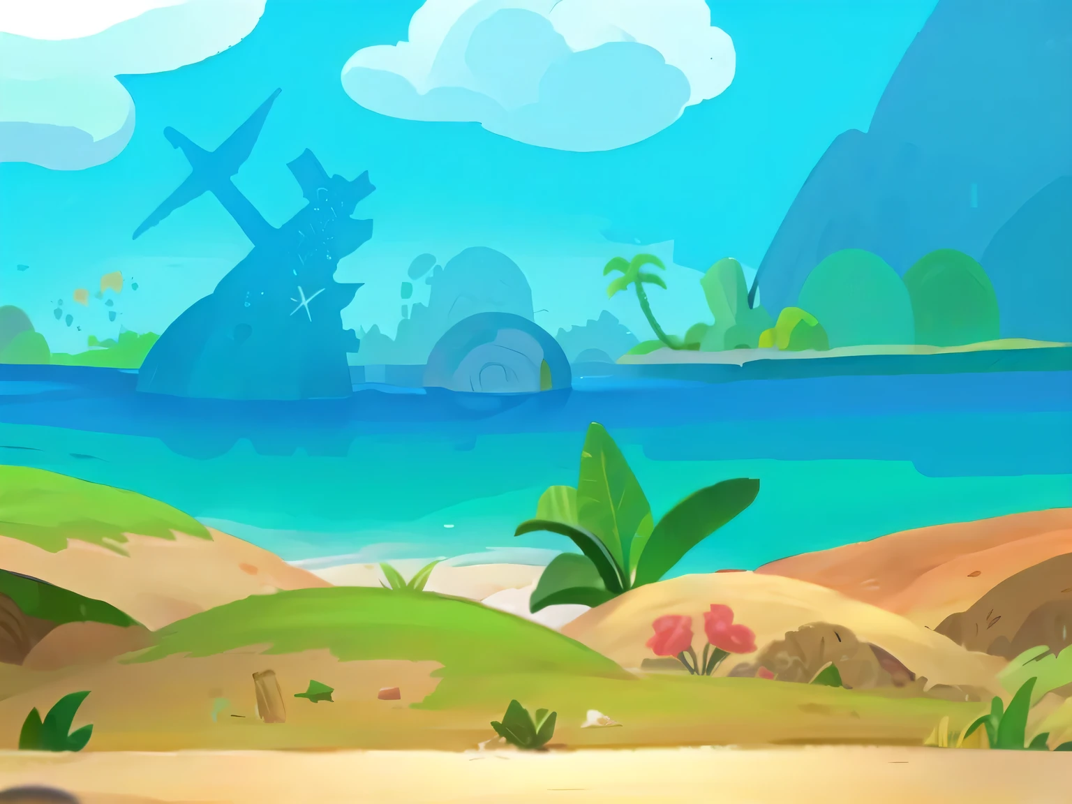 Scenes、Cartoon、Sky、ground、A few plants、fine、Sandy、Blue sky、White Cloud、Europe and America、nobody