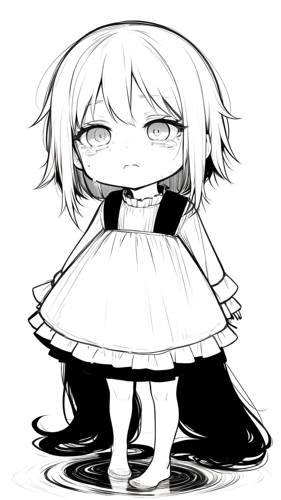 best quality, chibi, 1 girl,Long black hair,(full body), Pure white background,Vivid,clearly,sad face,rain,snow,Are crying,shout,Looking for someone