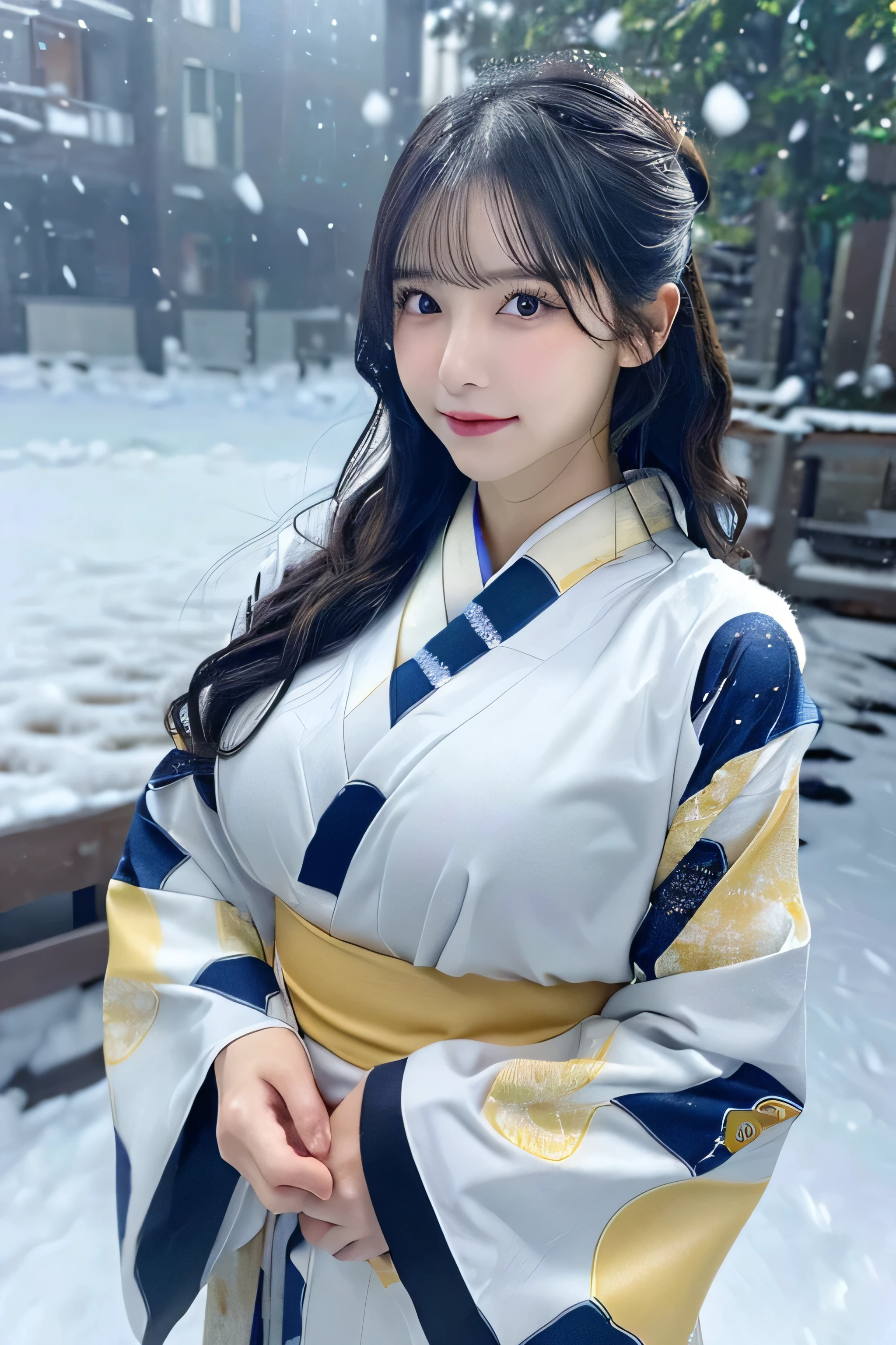 (Kawaii Kimono:1.3)、、(top-quality,​masterpiece:1.3,超A high resolution,),(ultra-detailliert,Caustics),(Photorealsitic:1.4,RAW shooting,)Ultra-realistic capture,A highly detailed,high-definition16Kfor human skin、 Skin texture is natural、、The skin looks healthy with an even tone、 Use natural light and color,One Woman,japanes,,kawaii,A dark-haired,Middle hair,(depth of fields、chromatic abberation、、Wide range of lighting、Natural Shading、)、、(Falling snow:1.3)、(Hair swaying in the wind:1.3)、(Snow reflects light:1.3)  、(Large Breasts:1.3)、