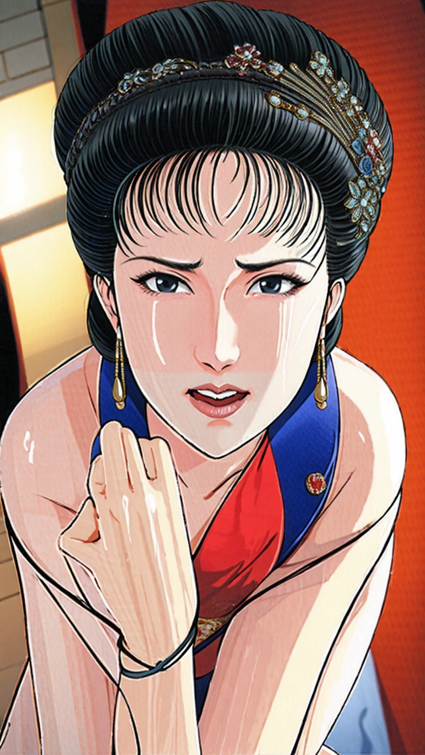 (best quality), (very aesthetic), (ultra-detailed), (best illustration),(a mature female),(perfect face),Suikoden,Mrs. Lin,(((NSFW))),((full_body)),((full_nude)),(crying),Covers mouth with right hand,red cheek,sweating,skinny,flushed skin,(hairly pussy),doing blowjob,She is sucking on an erect penis,Holding an erect penis with his right hand,chinese traditional bed room,overhead view