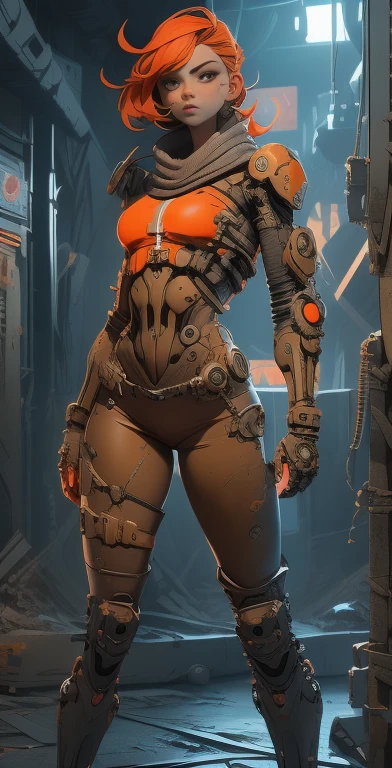 A highly detailed and realistic skull girl,( Anya. Taylor Joy) cyberpunk character, mad max furiosa, one hand robot, cyborg arm, orange hair, dramatic metal heavy rock theme, best quality, 8k, hyperrealistic, photorealistic, extreme detailed painting, studio lighting, vivid colors, dark moody atmosphere, cinematic, dramatic pose, intricate mechanical details, glowing energy effects, intense gritty textures, seamless integration of organic and inorganic elements. Wearing the used clothes of a wastelander. Background: An apocalyptic wasteland. Dusty and depressing.