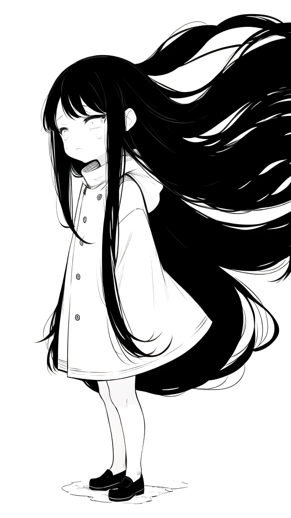 best quality, chibi, 1 girl,Long black hair,(full body), Pure white background,Vivid,clearly,sad face,rain,snow,Are crying,shout,Very long black hair blowing in the wind