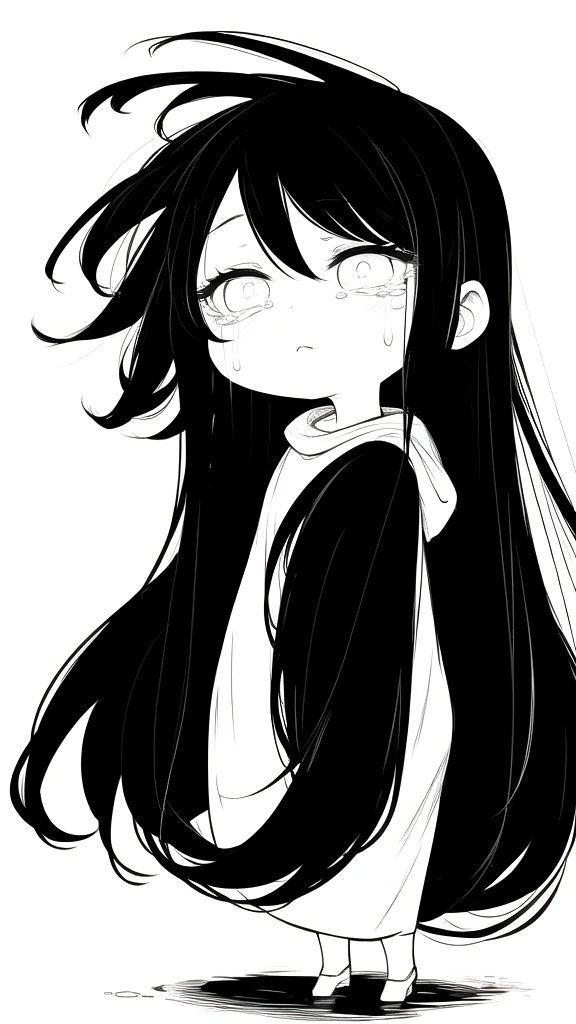 best quality, chibi, 1 girl,Long black hair,(full body), Pure white background,Vivid,clearly,sad face,rain,snow,Are crying,shout,Very long black hair blowing in the wind