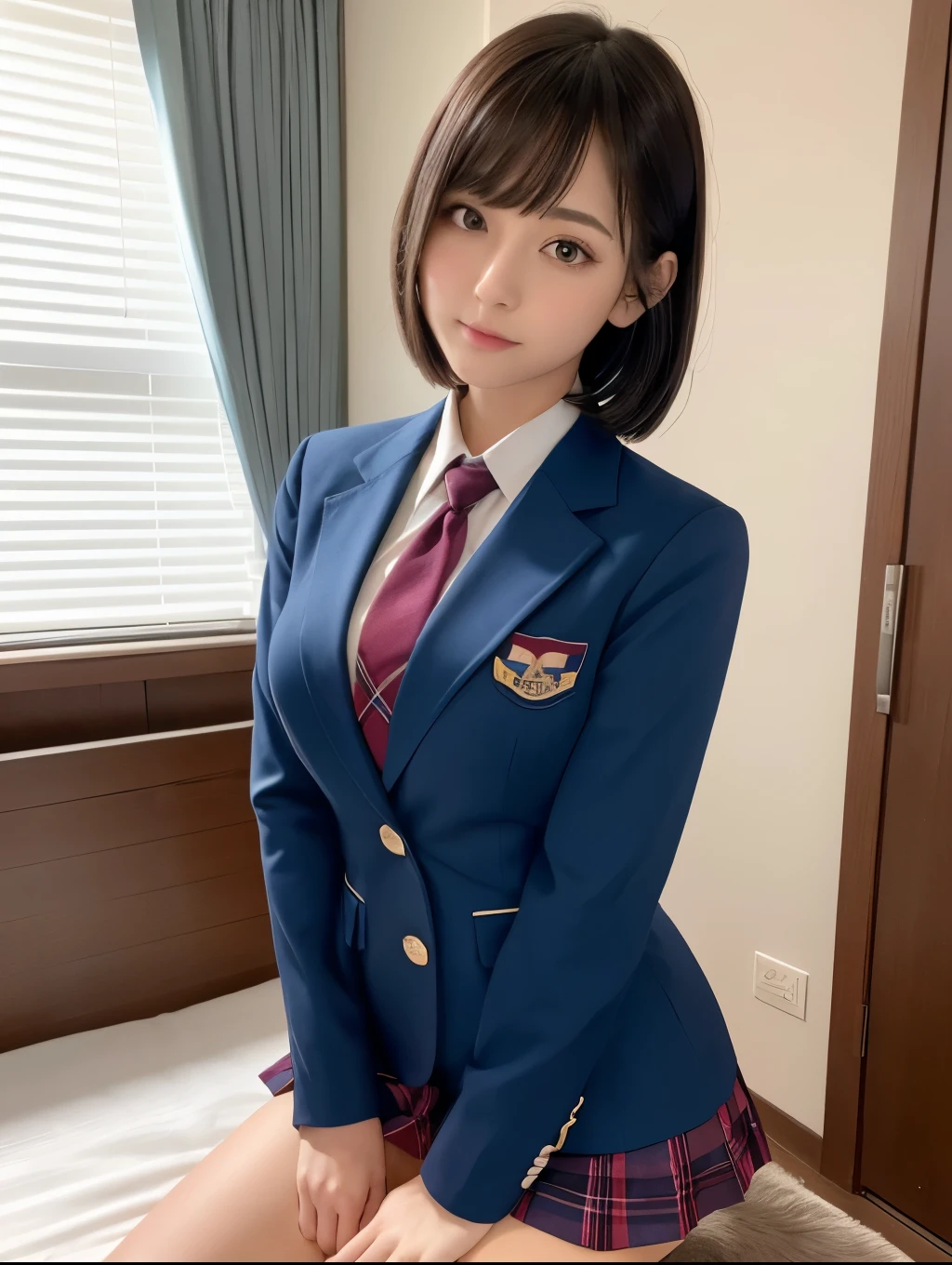 (8K, Raw photography, top-quality, masterpiece:1.2), master piece, best quality, illustration, Super detailed, fine details, High resolution, 8K,wall paper, perfect dynamic composition,(Details High quality, realistic depiction of eyes:1.3), ((1girls)), The background is a luxury hotel room、High school girl uniform、blazer 、Super Short Check Uniform Skirt、Navy blue high socks、garterbelts、Colossal tits、Disturbed uniform, Play with each other,Touching each other's bodies,Touching the body of the girl next door, short bob hair, black hair color, huge breasts, Big Natural Color Lip, bold sexy pose, (perfect body shape), crying a little、cold gaze, Beautiful makeup,glitter makeup,Cutest 18 years old, beautiful legs, hposing Gravure Idol, Voluptuous thighs