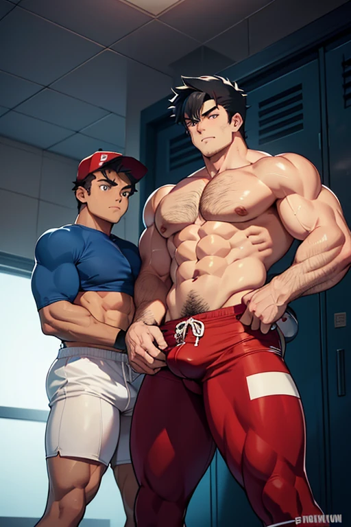 A up Ash Ketchum and from Pokémon and his long-lost twin brother flexing their biceps under hypnosis with glowing red eyes as they grow into big dumb sweaty muscular football jock bros wearing a football uniform and cleats in a locker room. Hyper muscles. Massive muscles. Big biceps. Big triceps. Big traps. Broad shoulders. Big pecs. Bulging crotch. Hyper crotch bulge. Dumber and dumber. Blank stare with open mouth while saying, "I am a dumb jock.... I obey.... Dumber and dumber.... Yes, Coach.... Huhuhuhuh...." Slumped shoulders. Hypnosis. Brainwashing. Bigger and dumber jock bro. Assimilation. Transformation into big dumb muscular jock bro. Slumped shoulders. Massive crotch bulge. Bulging glutes. Thick stubble. Hairy armpits. Repeating triggers to be dumber and dumber each time they say them to think and focus only on growing muscle and being the perfect football jocks.