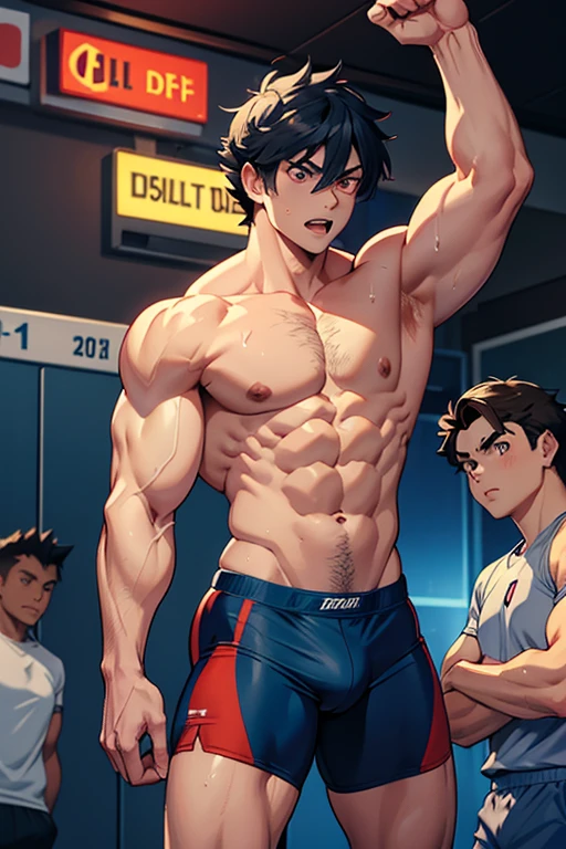 A grownup Ash Ketchum and from Pokémon and his long-lost twin brother flexing their biceps under hypnosis with glowing red eyes as they grow into big dumb sweaty muscular football jock bros wearing a football uniform and cleats in a locker room. Hyper muscles. Massive muscles. Big biceps. Big triceps. Big traps. Broad shoulders. Big pecs. Bulging crotch. Hyper crotch bulge. Dumber and dumber. Blank stare with open mouth while saying, "I am a dumb jock.... I obey.... Dumber and dumber.... Yes, Coach.... Huhuhuhuh...." Slumped shoulders. Hypnosis. Brainwashing. Bigger and dumber jock bro. Assimilation. Transformation into big dumb muscular jock bro. Slumped shoulders. Massive crotch bulge. Bulging glutes. Thick stubble. Hairy armpits. Repeating triggers to be dumber and dumber each time they say them to think and focus only on growing muscle and being the perfect football jocks.