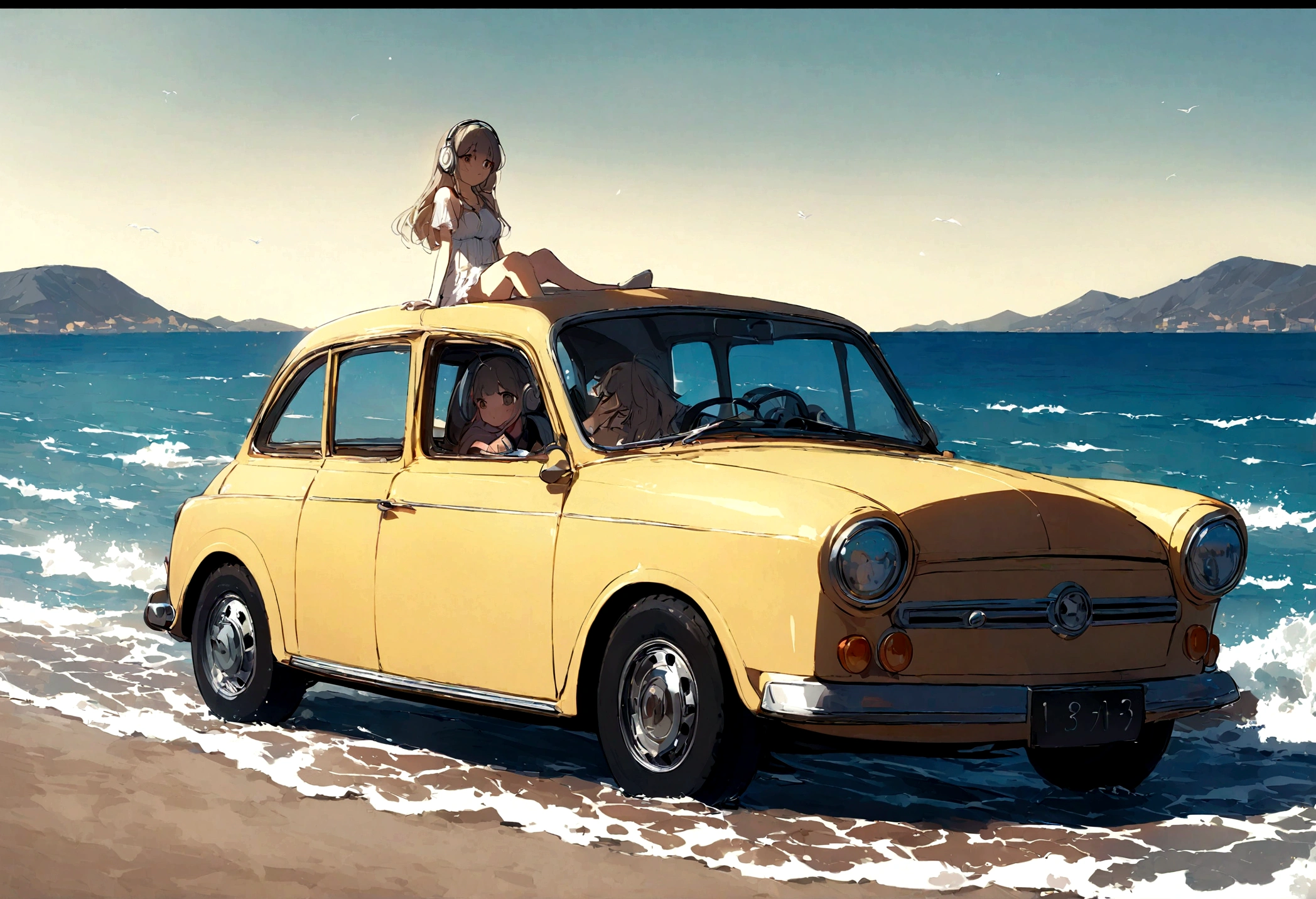 There is the sea in the background、An adult girl sitting on top of a cute car is listening to music while looking at the sea