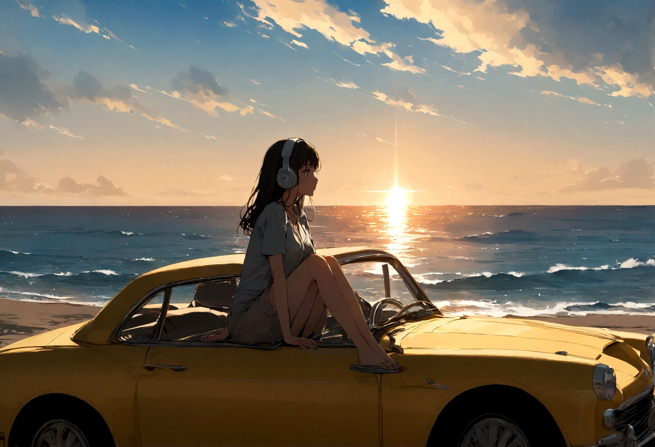 There is the sea in the background、An adult girl sitting on top of a cute car is listening to music while looking at the sea