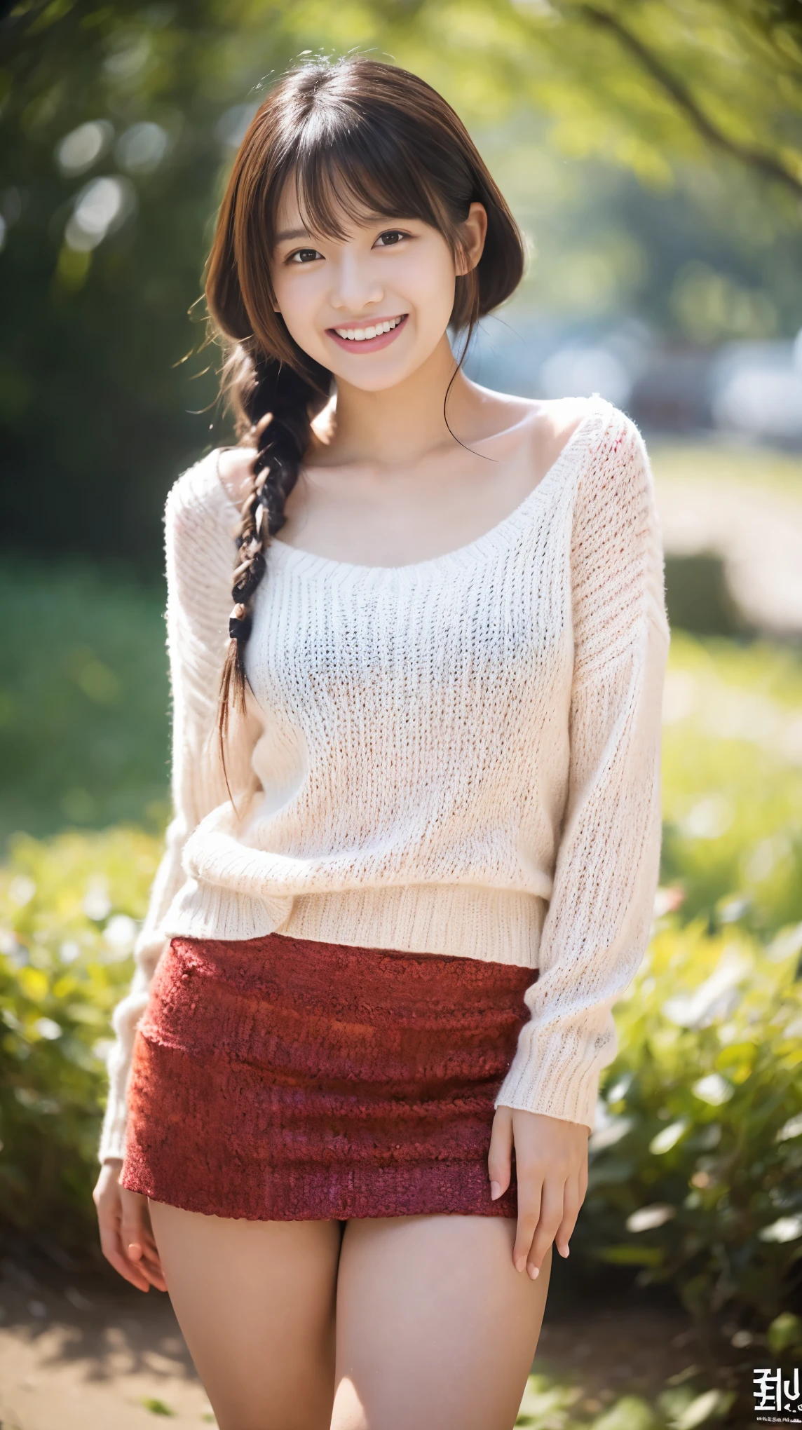 High resolution、High level image quality、In 8K、real live action、RAWphotographgraphy、highest quality、masterpiece、table top、beautiful japanese girl、japanese woman、cute little face、((shining face))、((((My cheeks turned red))))、(((((laugh shyly)))))、white skin、((Obscene content))、For adults、porn、the charm of sex、absurd、small breasts、超A high resolution、RAWphotograph、only、beautiful feces、alone、whole body、twin tail hair、very nice、knit sweater、 mini skirt、japanese woman、Are standing、（Photoreal：1.37）、photon mapping、realistic、radio city、Physics-based only dulling、written boundary depth、blurred background、photograph、hair、thighs thighs、Japanese ID、sparkling eyes、glossy lips、too bright natural light、bright sun、too bright sunlight、looking at camera、full nude