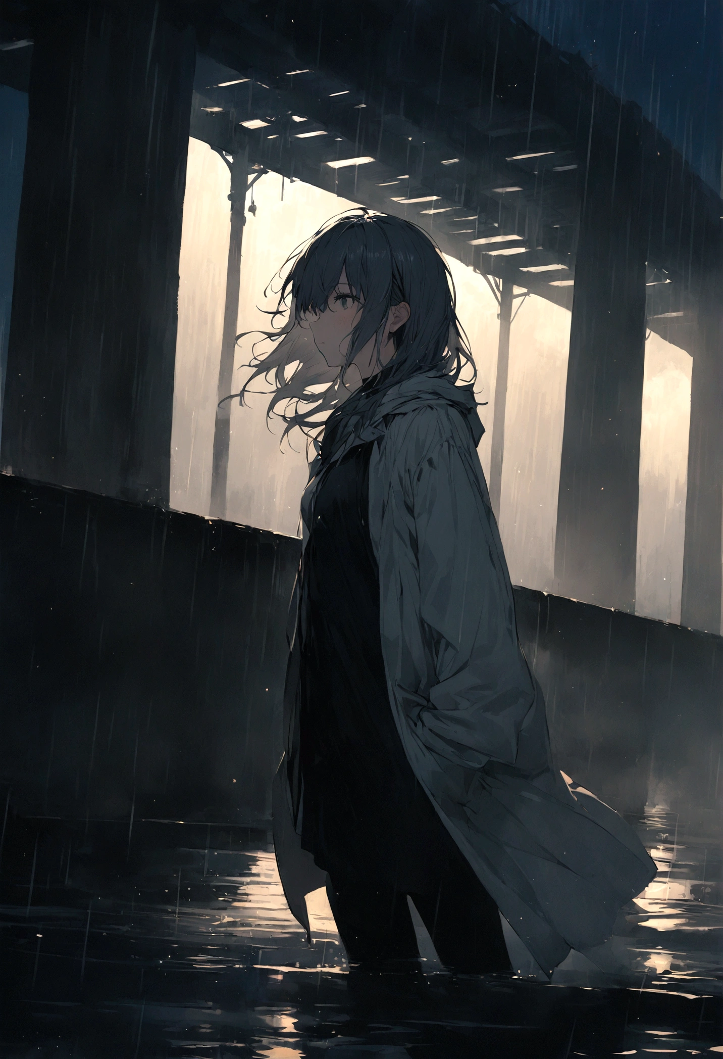 highest quality、masterpiece、It's raining heavily、Under the bridge、night、The wind is blowing、Nobody is here