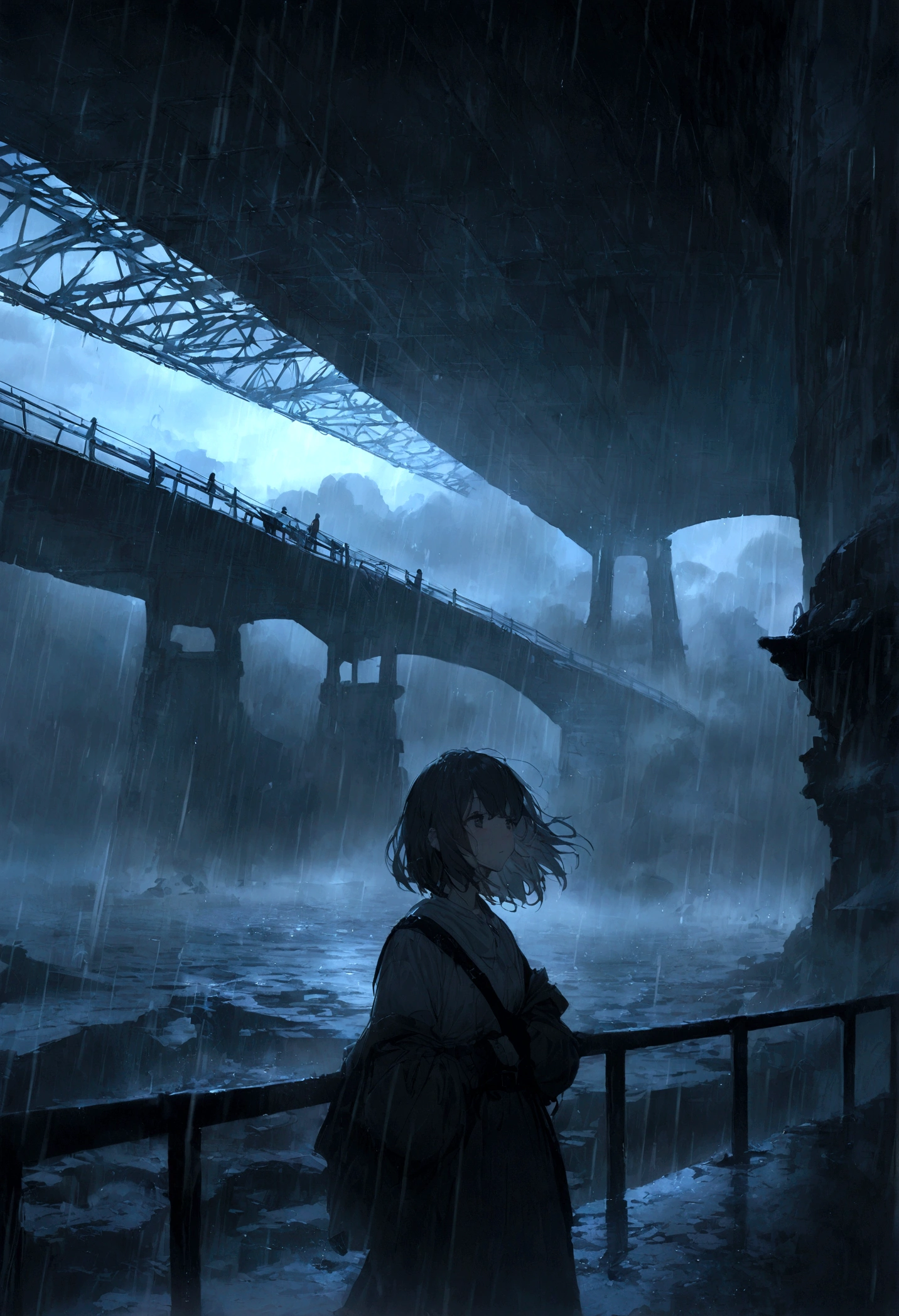 highest quality、masterpiece、It's raining heavily、Under the bridge、night、The wind is blowing、Nobody is here