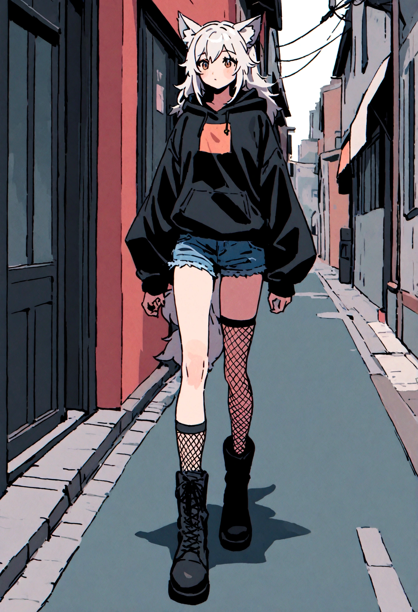 a cute femboy with wolf ears, white hair, a wolf tail, wearing a loose cropped oversized black hoodie, wearing a pair of denim short shorts and fishnet stockings, has black combat boots on, walking down the street.