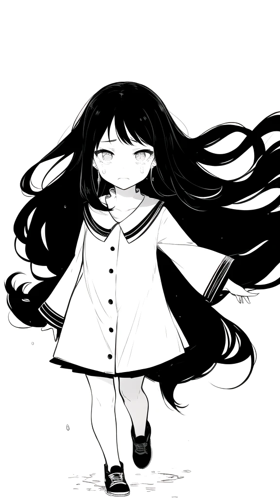 best quality, chibi, 1 girl,Long black hair,(full body), Pure white background,Vivid,clearly,sad face,rain,snow,Are crying,shout,Very long black hair blowing in the wind,Fall