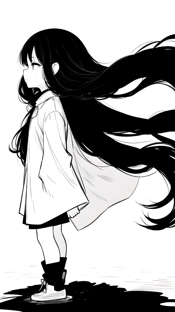 best quality, chibi, 1 girl,Long black hair,(full body), Pure white background,Vivid,clearly,sad face,rain,snow,Are crying,shout,Very long black hair blowing in the wind,Fall