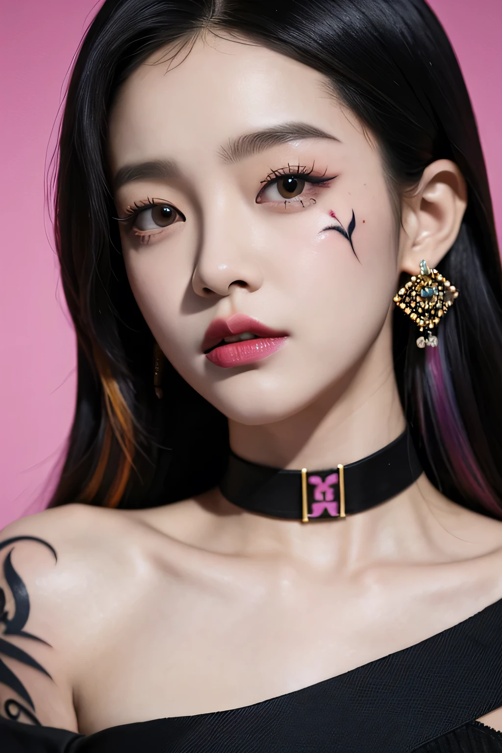 (((Bad Girl)))，(((Black tattoo)))，(((Avant-garde tattoo)))，(((black tattoo on shoulder)))，(((Exaggerated dyed hair)))，(((Colorful hair)))，a close up of a person with a flowered shirt and earrings, jossi of blackpink, roseanne park of blackpink, portrait of jossi of blackpink, sun yunjoo, cl, jisoo of blackpink, heonhwa choe, jisoo from blackpink, park ji-min, korean artist, taejune kim, portrait jisoo blackpink, jiyun chae, jung gi kim