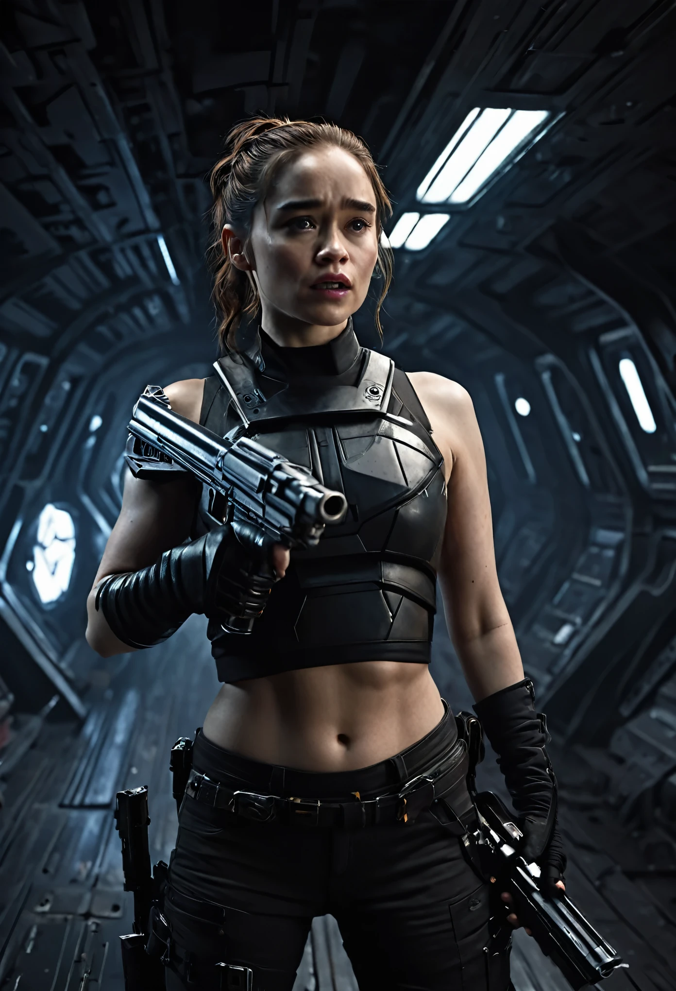 photorealistic photo of a Hot cleverage open torso or chest ponytail scared terrified Sci fi Emilia Clarke holding a sci fi pistol on Dark ishimura haunted abandoned Horror Space Ship photography, photorealism, cinematic rendering, ray tracing, the highest quality, the highest detail, Cinematic, Third-Person View, Blur Effect, Long Exposure, 8K, Ultra-HD, Natural Lighting, Spooky Red mist Moody Lighting, Cinematic Lighting