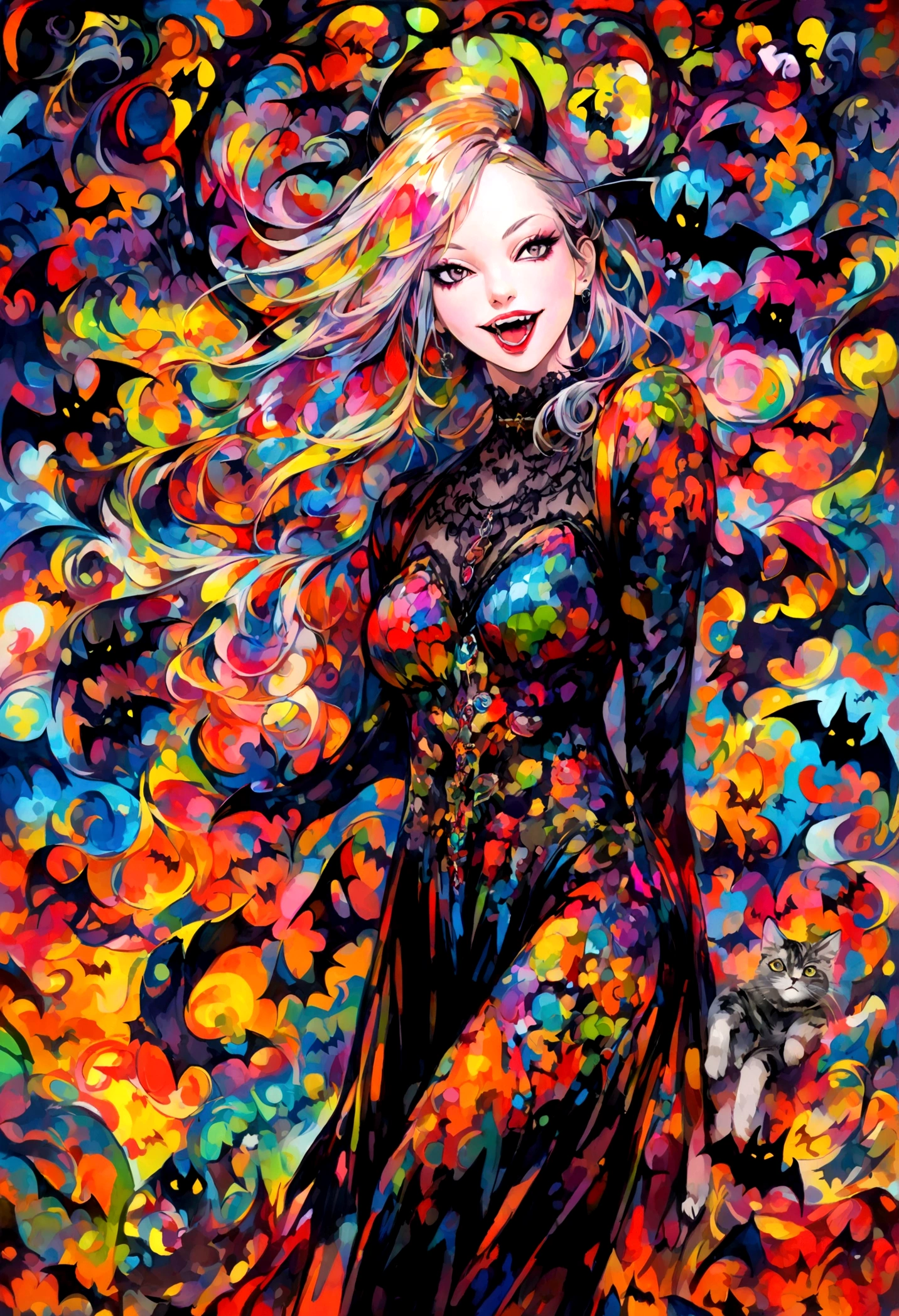 erotic oil painting, Tongue Female Demon, abstract, very colorful, Pointy teeth, Dark, goth, Bats, cat, Kate moss