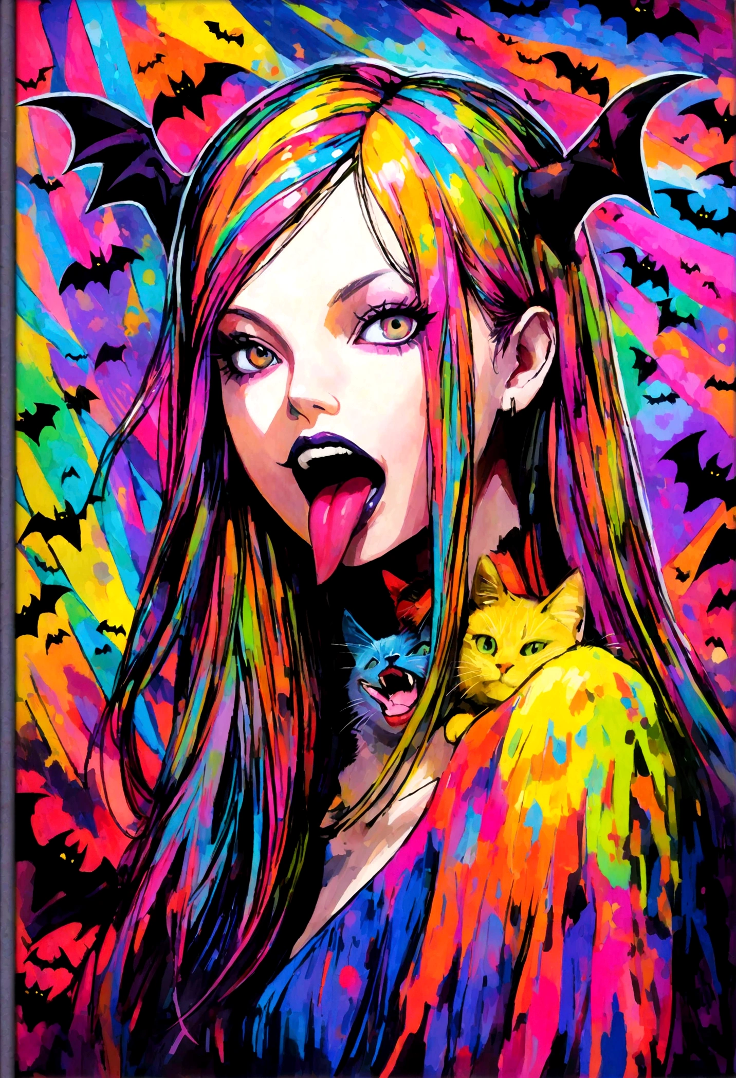 erotic oil painting, Tongue Female Demon, abstract, very colorful, Pointy teeth, Dark, goth, Bats, cat, Kate moss