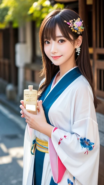 highest quality、8k wallpaper、Reality:1.4、Photographed by a professional photographer、Photographed in natural light、View your viewers、background:Kyoto street corner、1 beautiful girl、Japanese Idol、23 years old、Beautifully detailed eyes、Detailed face、Beautiful Skin、Slender、Slim waist、Thin legs、Lip balm、Blonde: 1.8、Bobcut、Asymmetrical bangs、Hair decorated with elegant and delicate hairpins、Kimono with vibrant traditional patterns:1.2 、smile:1.5