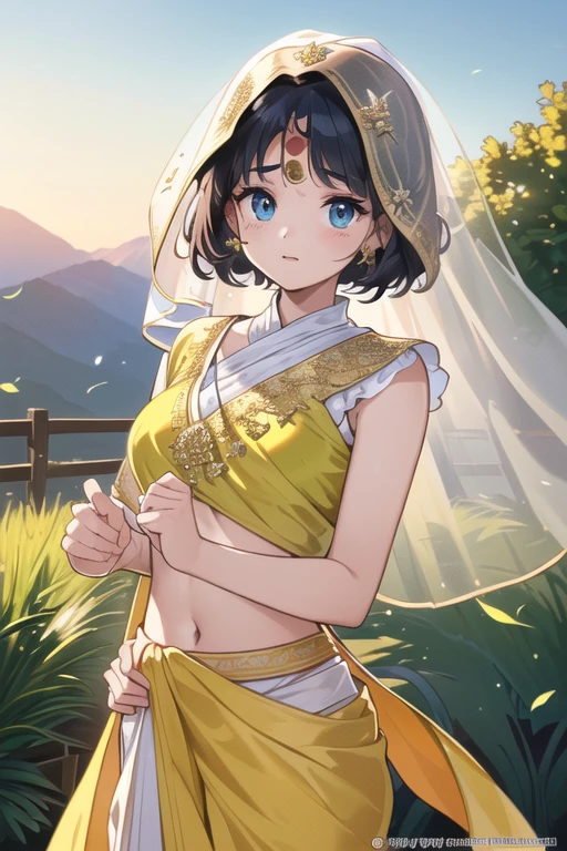 ((Portrait)), (extremely detailed CG Unity 8k wallpaper: 1.5), <(masterpiece: 1.5), (best quality: 1.7), high-resolution illustration, (finely detailed eyes and detailed face: 1.3), (detail: 1.3, best quality, (ultra-detailed), (extremely thin and beautiful), (masterpiece: 1.5), cinematic light, dynamic angle, floating, sharp focus, (2D: 1.7), (best quality: 1.3), ((disheveled hair: 1.2), (beautiful detailed eyes: 1.1),  (cinematic light: 1.1), Indian teenage girl dressed in Indian sari, transparent veil on her face, dancing