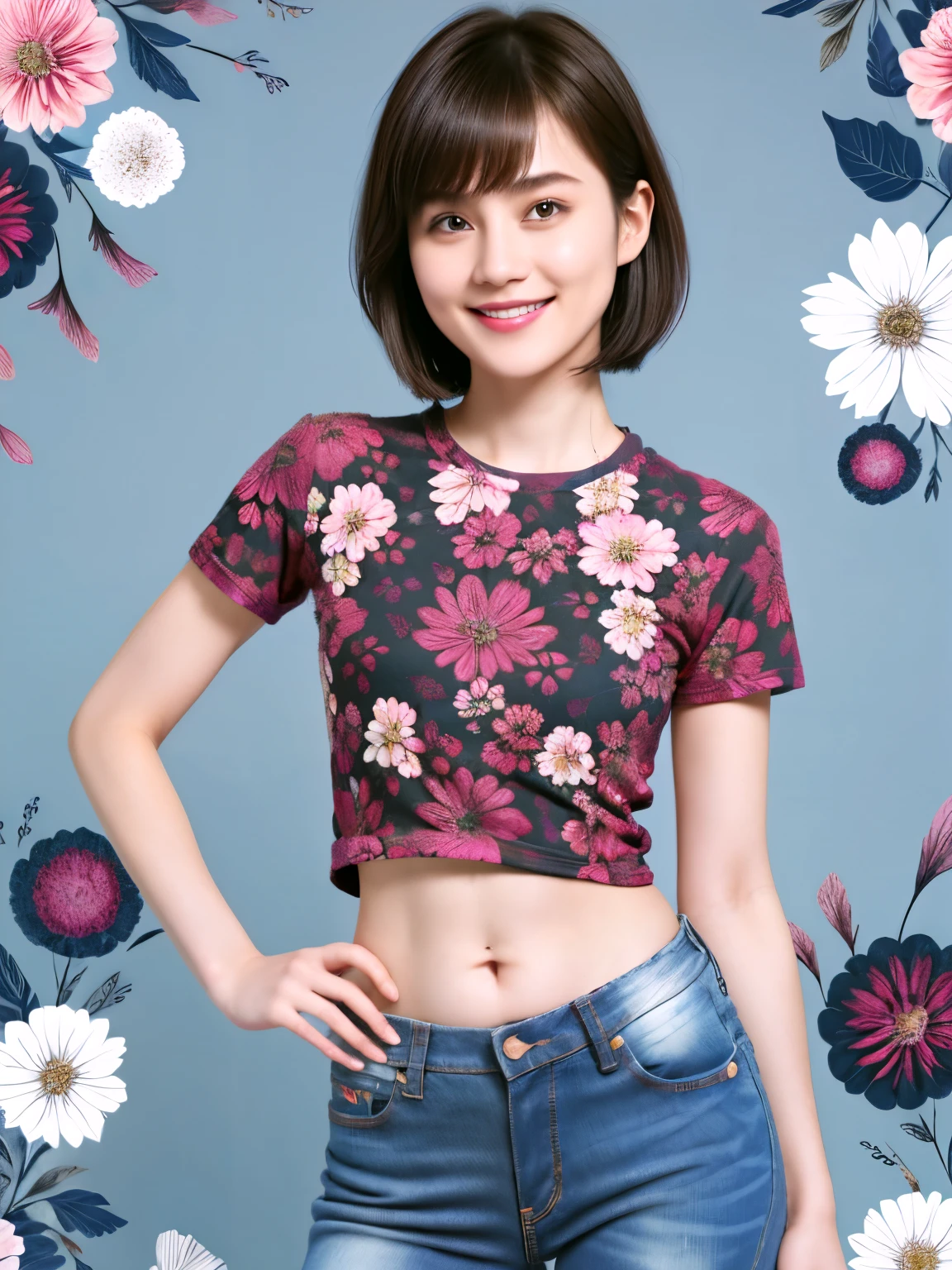 238 18-year-old female, short hair, (Jeans andT-shirt), A kind smile, lipstick, Abdominal muscles, (Floral Background、Fractal Patterns)