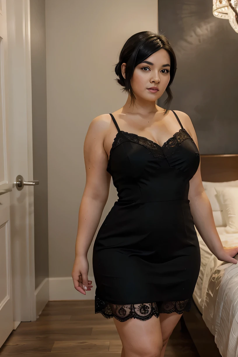 woman, black hair, modern hairstyle, short lace dress, big hips, one leg bent and standing on the other,chubby, looking at the camera, elegant room background